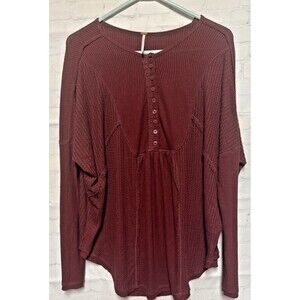 Free People Leo Henley Top Boho Tunic Waffle Knit Thermal Burgundy Wine S